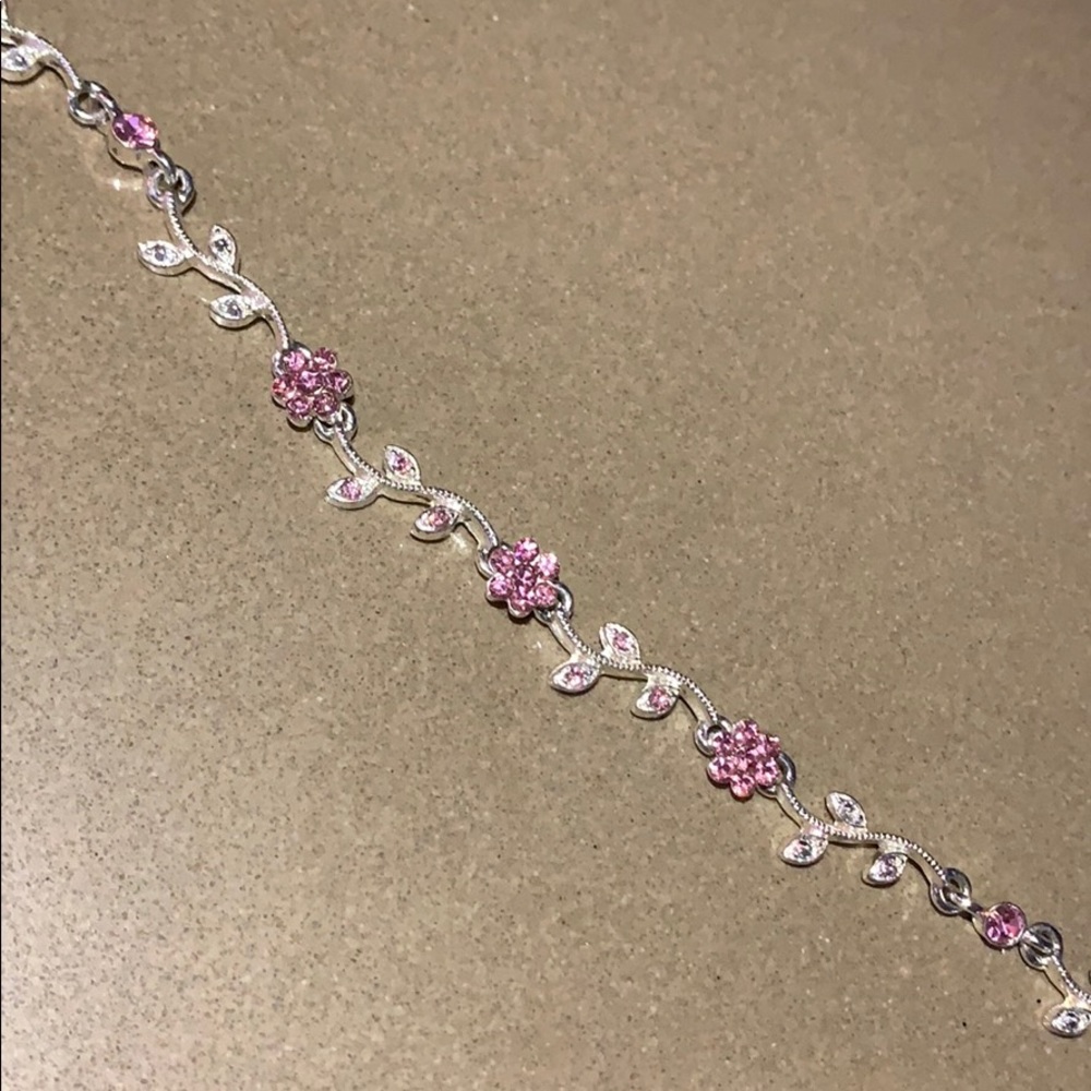 Pink Flower Silver Metal Chain Bracelet